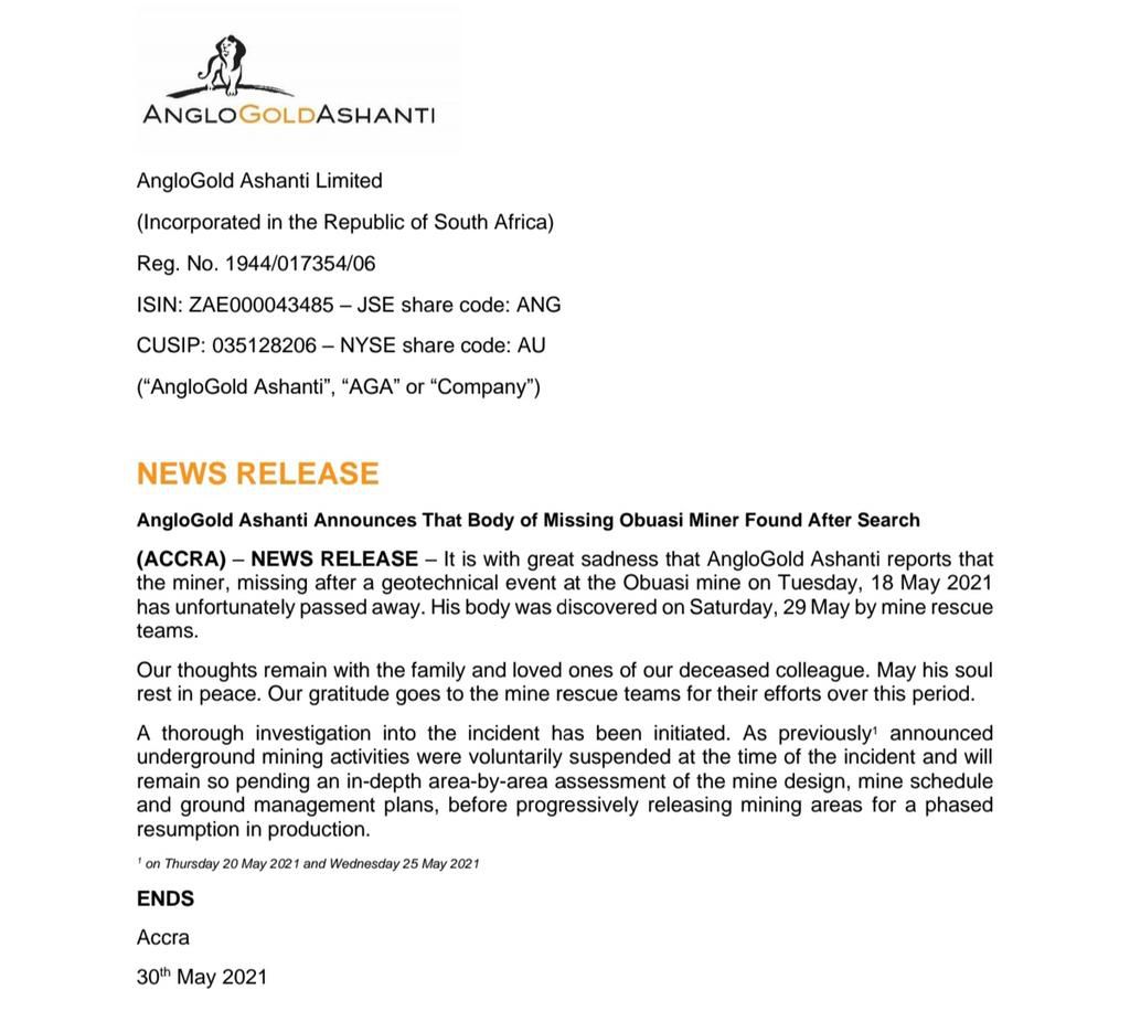 Anglogold Ashanti press release