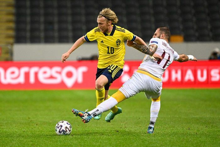 Emil Forsberg (L) scored one and set up another in a 3-1 win over Armenia