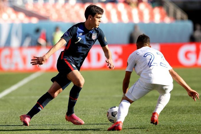 USA forward Gio Reyna bears in on goal during his team's semi-final win over Honduras in the CONCACAF Nations League in Denver