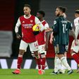 Pierre-Emerick Aubameyang (L) maintains a tradition of hat-trick scorers keeping the match ball after his treble for Arsenal in a 4-2 win over Leeds.