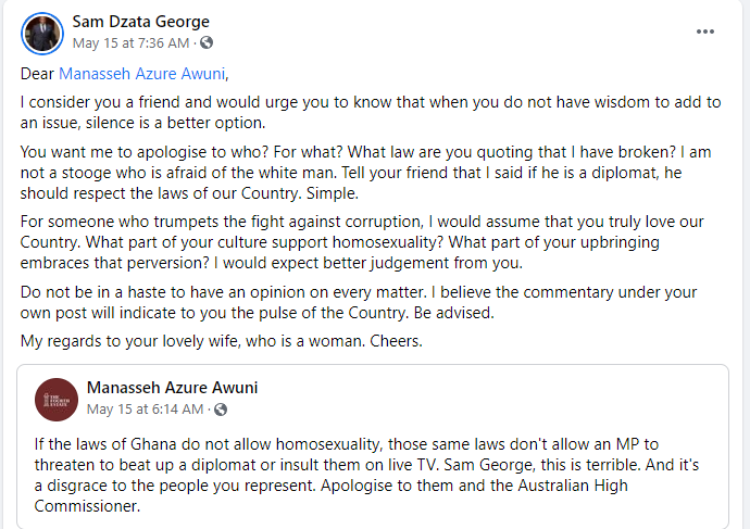 Sam George's Facebook post