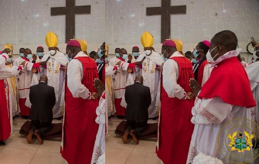 Solemn Akufo-Addo kneels to receive fortification from a bunch of men of God