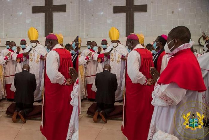 Solemn Akufo-Addo kneels to receive fortification from a bunch of men of God