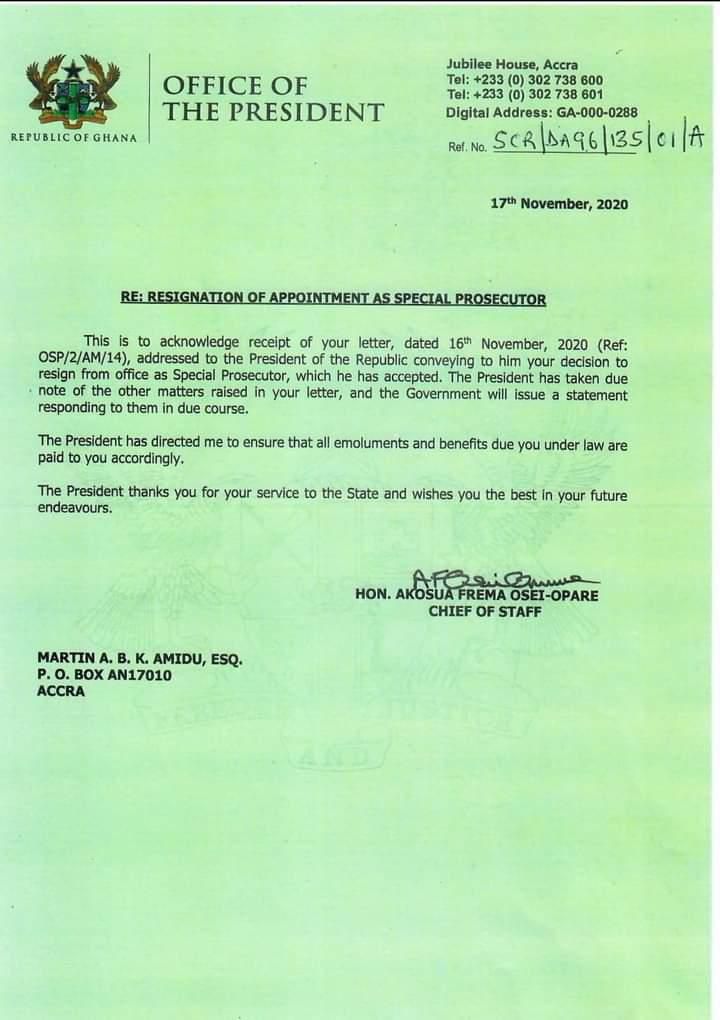 Akufo-Addo accepts Amidu's resignation