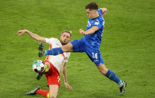 No way through: Leipzig midfielder Kevin Kampl (left) tussles with Hoffenheim's Christoph Baumgartner