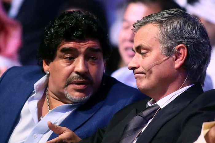 Tottenham manager Jose Mourinho (right) with late Argentine star Diego Maradona