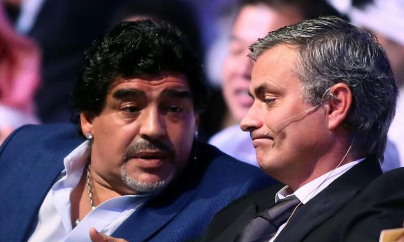 Tottenham manager Jose Mourinho (right) with late Argentine star Diego Maradona