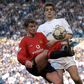 Ole Gunnar Solskjaer in action against Jonathan Woodgate of Leeds as a Manchester United player