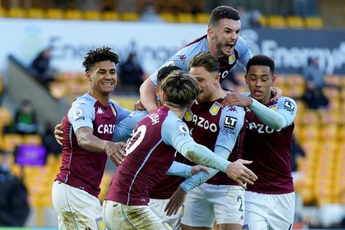 Aston Villa celebrate their win at Wolves
