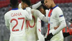 Kylian Mbappe (R) celebrates with his Paris Saint-Germain team-mates after scoring his second goal against Bayern Munich on Wednesday