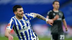 Serbian midfielder Nemanja Radonjic celebrates scoring in Hertha Berlin's 3-0 home win over Freiburg on Thursday