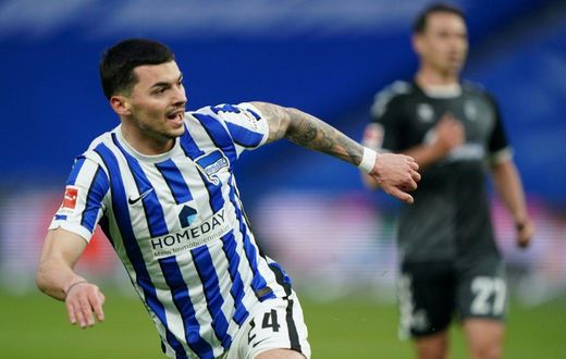 Serbian midfielder Nemanja Radonjic celebrates scoring in Hertha Berlin's 3-0 home win over Freiburg on Thursday