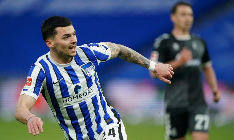 Serbian midfielder Nemanja Radonjic celebrates scoring in Hertha Berlin's 3-0 home win over Freiburg on Thursday