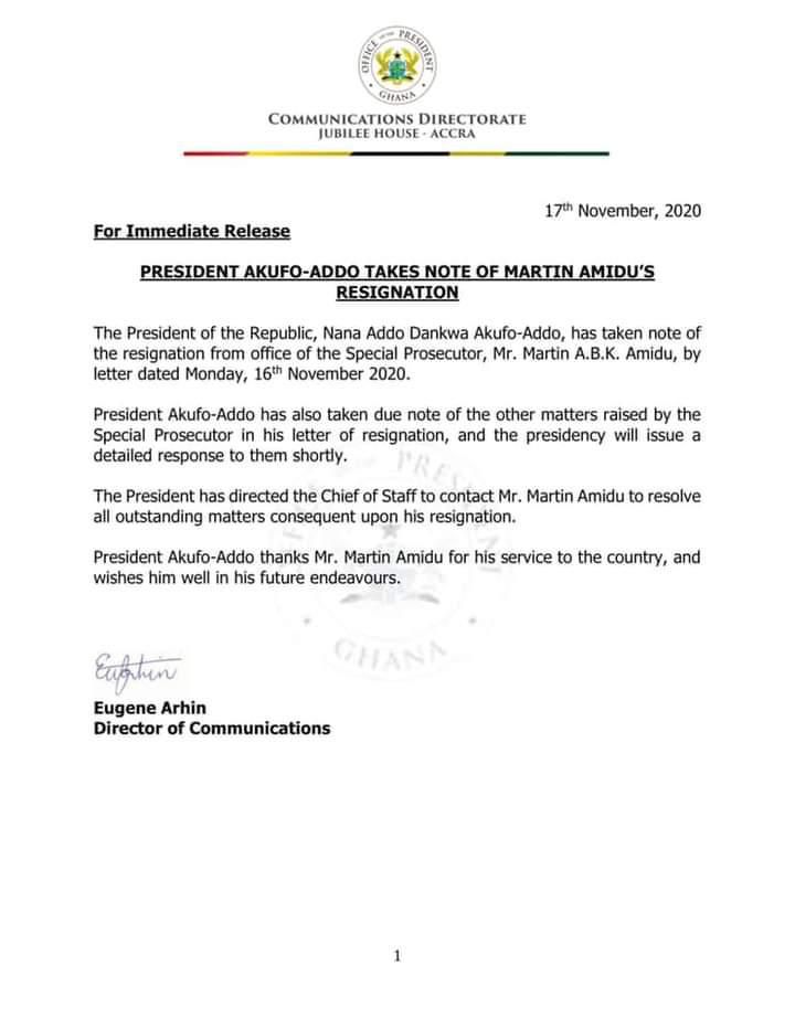 Akufo-Addo accepts Amidu's resignation
