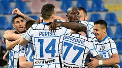 Inter players celebrate after Christian Eriksen put them ahead against Crotone