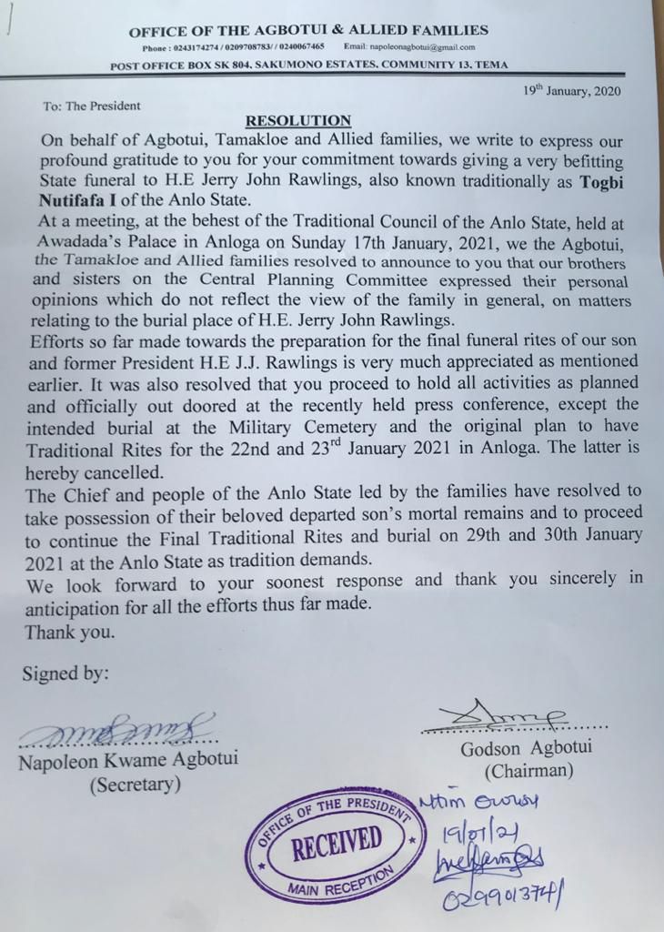 Letter from Rawlings' family