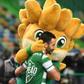 Goalscorer Paulinho celebrates with a furry fan