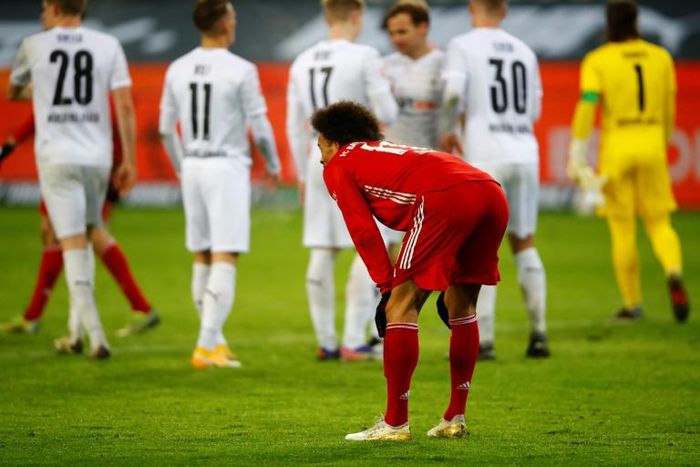Bayern Munich midfielder Leroy Sane shows his frustration after defeat at Moechengladbach