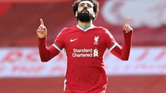 Mohamed Salah celebrates  equalising for Liverpool against Aston Villa at Anfield