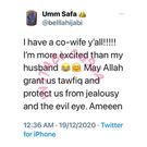 "I’m excited, may Allah protect us from jealousy" – Woman says as hubby marries second wife