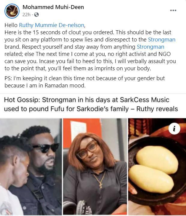 Strongman's manager's post on Facebook
