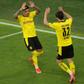 US midfielder Giovanni Reyna (R) and Jadon Sancho celebrate Dortmund's German Cup semi-final rout of Kiel