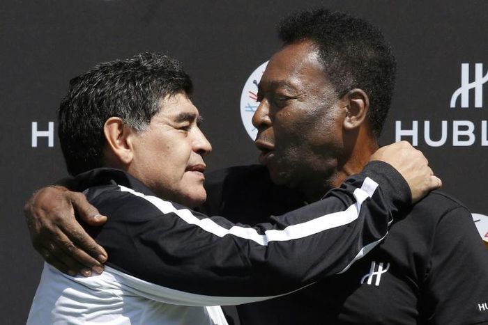 Maradona and Pele, the two footballing greats, pose after playing a match at a sponsors event in Paris during Euro 2016. But who was the greatest of them all?