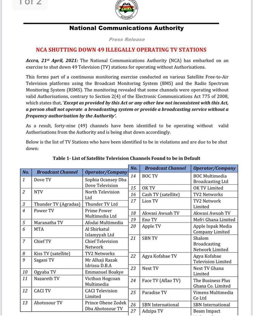 NCA to shut down Kwaku Bonsam TV and 48 others