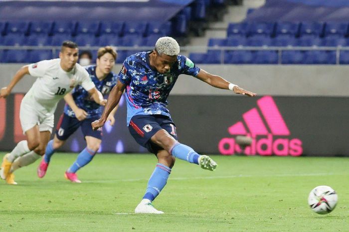 Japan's Ado Onaiwu opens the scoring with a penalty in the 5-1 win against Kyrgyz Republic in Suita