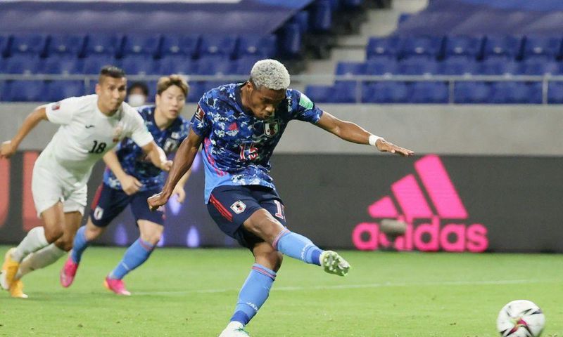 Japan's Ado Onaiwu opens the scoring with a penalty in the 5-1 win against Kyrgyz Republic in Suita