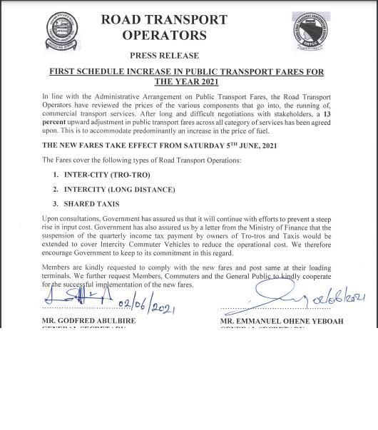 Transport fares up by 13% effective Saturday June 5 (Statement)