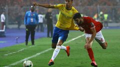 Brazilian Ricardo Nascimento (L) scored first for leaders Mamelodi Sundowns in a 3-0 South African Premiership triumph at Orlando Pirates Sunday.