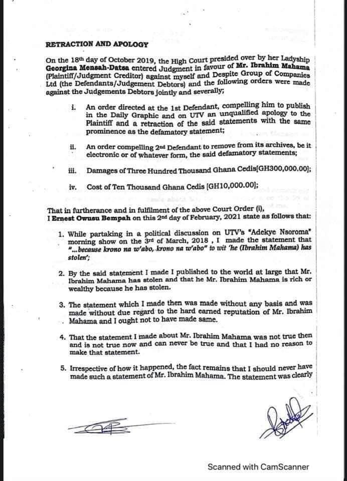Owusu Bempah apology letter