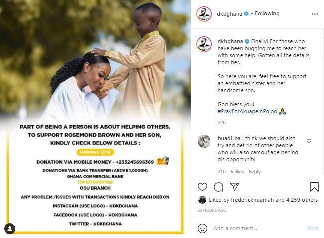 DKB's post to raise funds for Akuapem Poloo's family