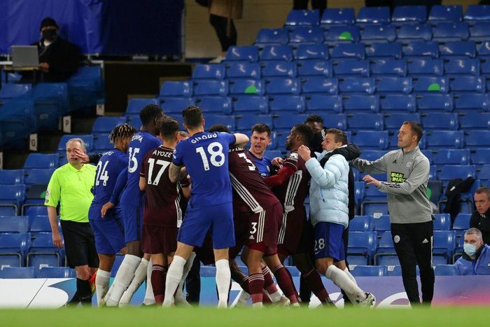 Familiarity breeds contempt: A fight involving players, substitutes and coaches from Chelsea and Leicester broke out in stoppage time
