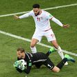 Esperance goalkeeper Farouk Ben Mustapha (L) playing for Tunisia against England at the 2018 World Cup in Russia.