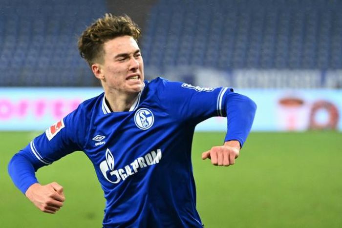 US teenager Matthew Hoppe celebrates his hat-trick for Schalke on Saturday