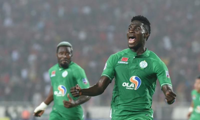 Congolese Ben Malango (R) scored for Raja Casablanca of Morocco in a 3-0 CAF Confederation Cup victory over Pyramids of Egypt in Cairo