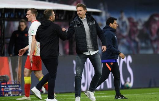 RB Leipzig coach Julian Nagelsmann (right) has been tipped to replace Hansi Flick (left) as head coach of Bayern Munich