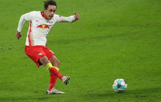 Yussuf Poulsen scores RB Leipzig's winning goal against Wolfsburg in Wednesday's German Cup quarter-final