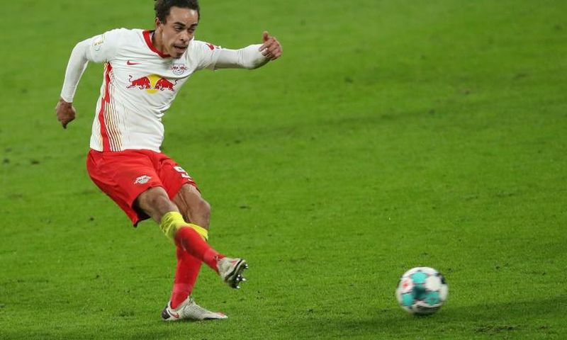 Yussuf Poulsen scores RB Leipzig's winning goal against Wolfsburg in Wednesday's German Cup quarter-final