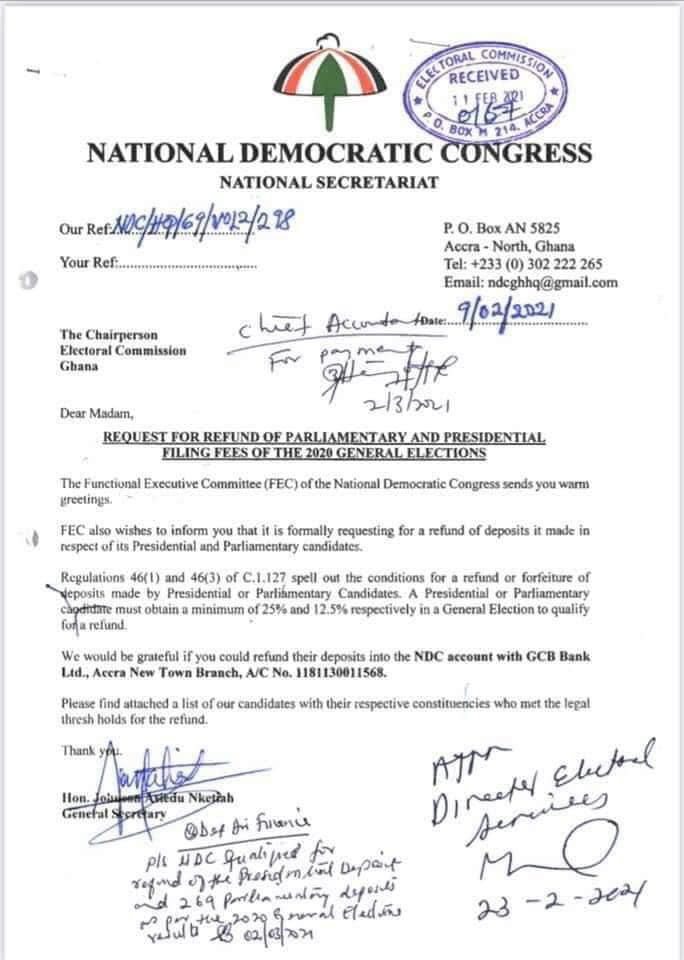 NDC refund letter to EC