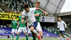 US winger Christian Pulisic (C) vies with Northern Ireland defender Daniel Ballard