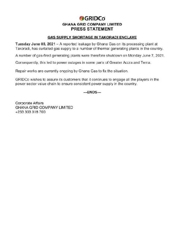 Shortage in gas supply caused Monday’s power outage – GRIDCo