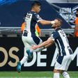 Maximiliano Meza of Mexico's Monterrey celebrates with a teammate after scoring against US club Columbus Crew in a CONCACAF Champions League quarter-final victory