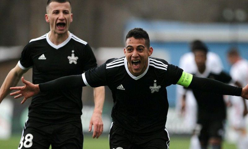 Frank Castaneda celebrates a goal for Sheriff Tiraspol against Milsami in March