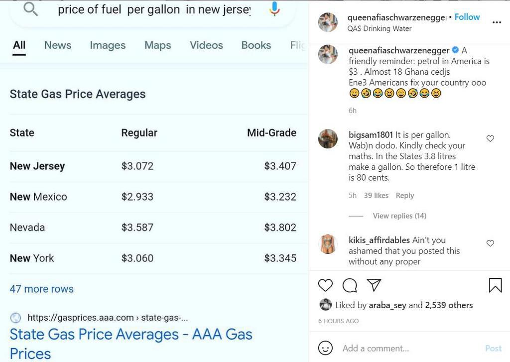 Afia Schwarnegger compares fuel pricess in Ghana and the U.S.