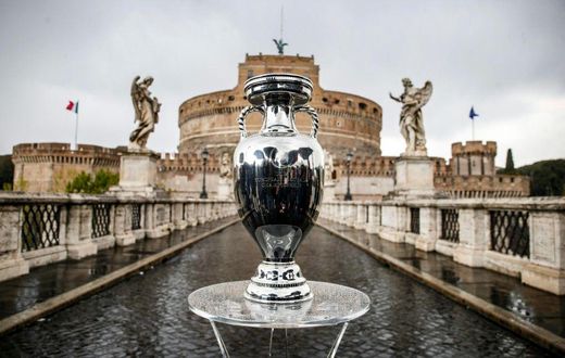 The Euro 2020 trophy on display in Rome, where the competition kicks off on Friday