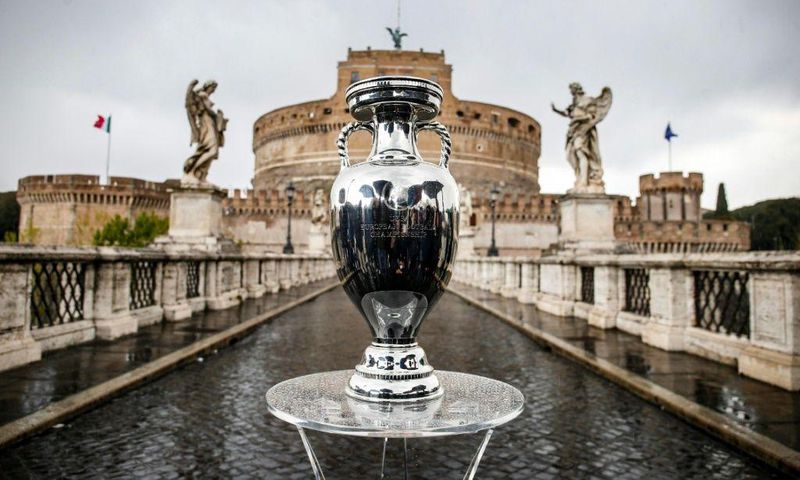 The Euro 2020 trophy on display in Rome, where the competition kicks off on Friday