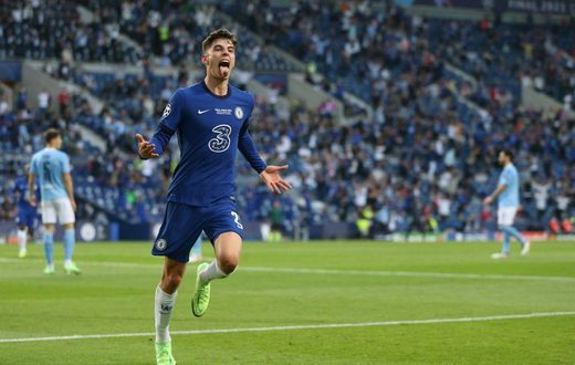 Kai Havertz runs away in celebration after scoring Chelsea's winner in the Champions League final